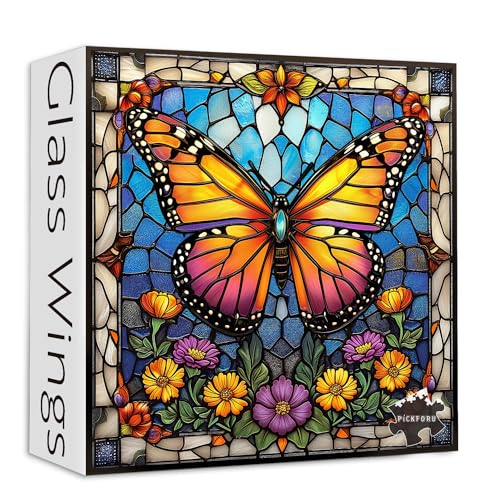 Schmetterlingspuzzles für Erwachsene, ab 1000 Teile, Buntglas-Puzzle mit Schmetterlingsblumen, PICKFORU bunte Wandkunst-Puzzles als einzigartige Geschenke von PICKFORU