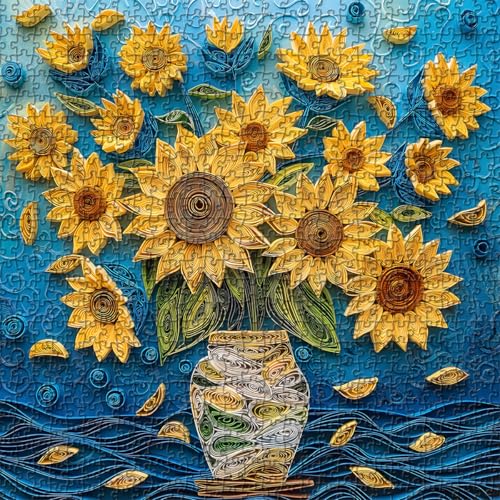 Sonnenblumen-Puzzles für Erwachsene 1000 Teile, einzigartige Kunst Blumenpuzzle Blumenvase, Pflanzenherausfordernde Puzzles für Erwachsene von PICKFORU