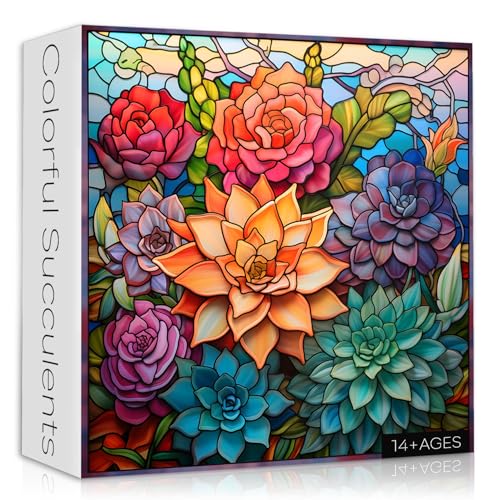 Sukkulenten-Puzzles für Erwachsene, 1000 Teile, PICKFORU Buntglas-Puzzle, Sukkulentenkaktus-Pflanzenpuzzle hart, unmöglich, schwierig, herausfordernde Puzzles, bunte Kunst, Buntglas-Puzzle von PICKFORU