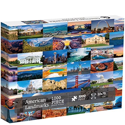 United States Natur Reisepuzzle für Erwachsene, Beste Orte in Amerika Landschaft Puzzle 1000 Teile, USA Sehenswürdigkeiten Puzzle Landschaft Inklusive Yosemite Golden Gate Bridge von PICKFORU