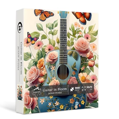 Vintage Gitarre Puzzles für Erwachsene, PICKFORU Blumenpuzzle 1000 Teile, Frühlingsblumengartenpuzzle für Pflanzenliebhaber, hartes schwieriges Musikpuzzle als Kunstdekor von PICKFORU