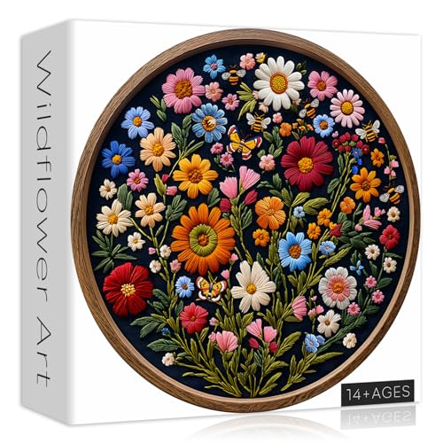 Vintage Wildblume Puzzles für Erwachsene 1000 Teile, Rund Schmetterling Biene Pflanze Puzzle Natur Kunst, Kreis Hübsches Blumengarten Puzzle, Retro Ästhetisches Blumenpuzzle von PICKFORU