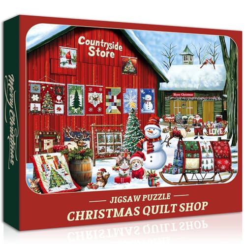 Weihnachtspuzzles Quilt Puzzles für Erwachsene 1000 Teile, Urlaub Puzzle Weihnachtsmann Schneemann Scheune Quilt Puzzle, Xmas Winter Jigsaw Puzzle von PICKFORU