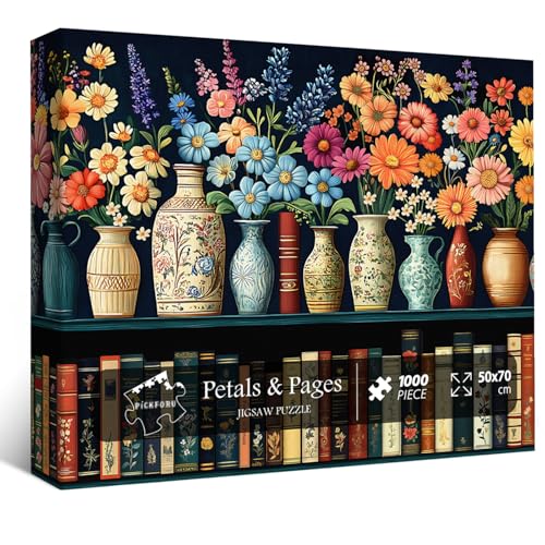 Wildblumen-Puzzles für Erwachsene, 1000 Teile, PICKFORU Vintage Blumenbuchpuzzle, Wildblumenseiten-Puzzle für Buchliebhaber, Blumenkunst-Bücherregal, Bibliothekspuzzle von PICKFORU