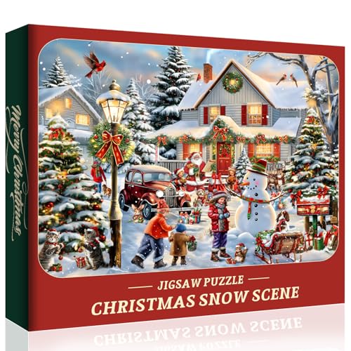 Winter Puzzles für Erwachsene 1000 Teile und höher, Weihnachtspuzzles Weihnachtsmann Schneemann Katze Hund Jigsaw Puzzle, Xmas Holiday Puzzle von PICKFORU