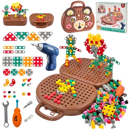 PICKONA 204 Stück Magische Montessori Spielzeugkiste, Montessori Spielzeug für Kinder, Montessori Spielzeugkiste mit Bohrmaschine, kreatives Mosaik Design, Baubausteine,DIY Set mit Aufbewahrungsbox von PICKONA