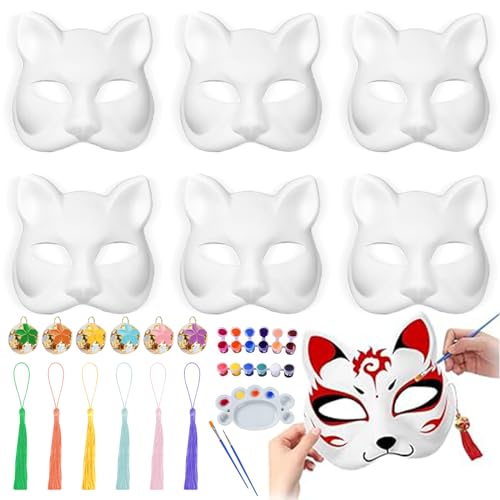 PICKONA 6 Stück Therian Maske Stück Katzenmaske Papier Maske Masken zum Bemalen DIY Farbe für Halloween Maskerade Karneval Cosplay Geburtstag Kinder Handgemalte Maske Leere Cat Mask Maskerade von PICKONA