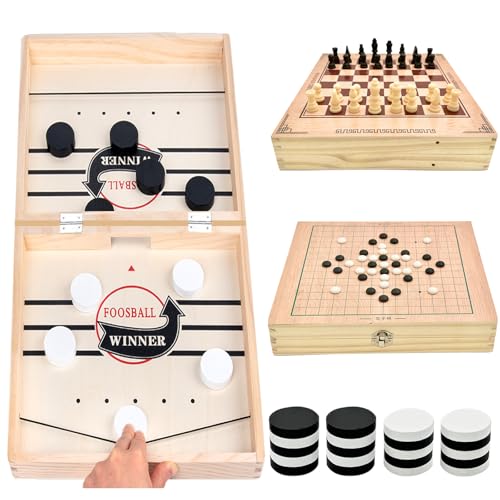 PICKONA Tisch Sportbrettspiel Set 4 in 1 – Superschnelles Sling Puck Spiel, Schach, Gobang für Partys mit der Familie, faltbares Schachbrett aus Holz, handgefertigtes Schachspielzeug als Geschenk von PICKONA