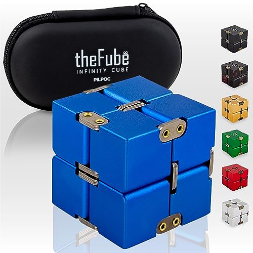 PILPOC theFube Infinity Cube Fidget Desk Toy - Premium Quality Fidget Toys, Aluminium Infinite Magic Cube, Fidget Toy mit Hülle, Fidget Cube für ADD, ADHD, OCD, Anti Stress Würfel [Blau] von PILPOC