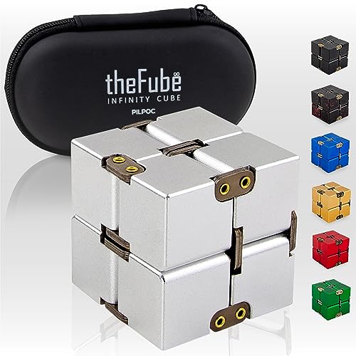 PILPOC theFube Infinity Cube Fidget Desk Toy - Premium Quality Fidget Toys, Aluminium Infinite Magic Cube, Fidget Toy mit Hülle, Fidget Cube für ADD, ADHD, OCD, Anti Stress Würfel [Silber] von PILPOC