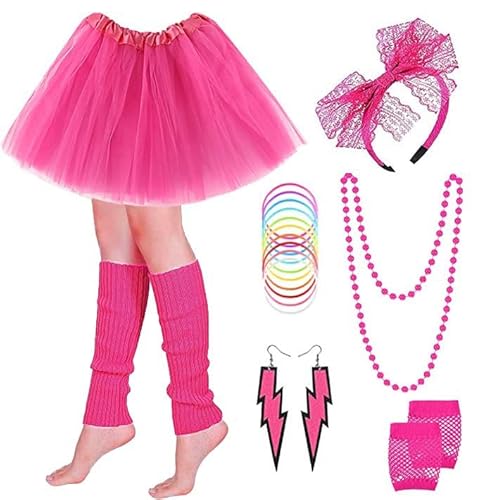 PINEPAN 80er Jahre Outfit Damen Set Tutu Rock Spitze Stirnband Neon Ohrringe Halskette Beinstulpen Fingerlose Handschuhe Armband Rosa Rot von PINEPAN