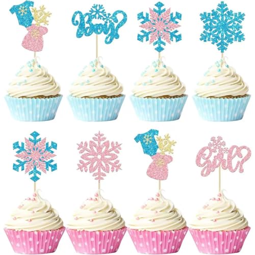 PINEPAN Gender Reveal Party Deko Weihnachtsschneeflocken Junge oder Mädchen Schneeflocken Frozen Cake Cupcake Toppers Glitzer Babyparty Kuchendekoration mit 8 Stilen 24er-Pack von PINEPAN