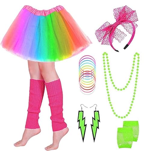 PINEPAN Neon Kostüm Zubehör Set Tutu Rock Spitze Schleife Stirnband Neon Ohrringe Halskette Beinwärmer Fischnetz Handschuhe Armband Regenbogen von PINEPAN