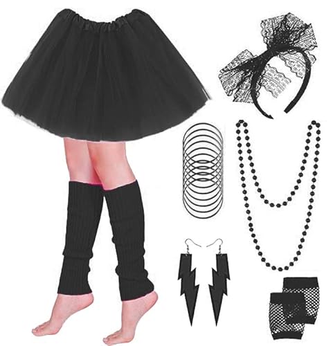 PINEPAN Tutu Rock mit Beinstulpen Spitze Stirnband Neon Ohrringe Halskette Netzhandschuhe Armband für 80er Retro Party Schwarz von PINEPAN