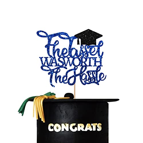 The Tassel was Worth the Hassle Cake Topper, Congrats Grad Cake Topper, Klasse of 2023 Kuchendekoration, Abschlussfeier-Dekorationen – Blau & Schwarz Glitzer von PINKAAJ