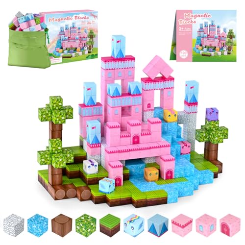 PINKCAT Magnetische Bausteine - Rosa Schloss Magnete Bausteine Spielset, Magnetischer Spielzeugbaustein für Jungen und Mädchen, Montessori Spielzeug ab 3 Jahren Geschenk für Kinder (100 Blöcke) von PINKCAT