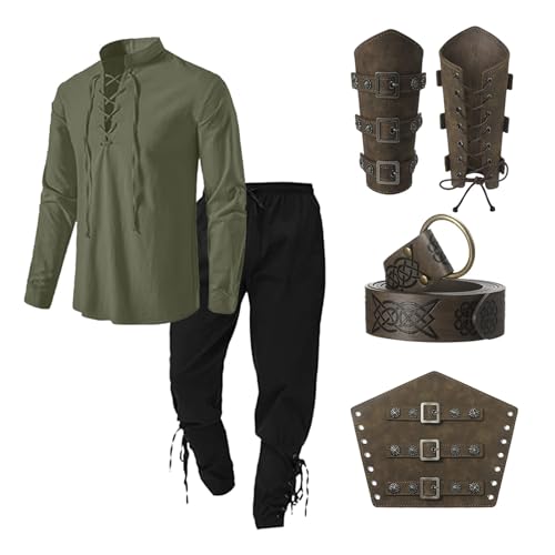 PINTUTU Wikinger Kostüm Mittelalter Kleidung Herren Set Herren Renaissance Kostüm Set mit Leinenhemd Herren Mittelalterliches Piratenhemd Mittelalter Hose mit Knöchelriemen Fun Halloween von PINTUTU