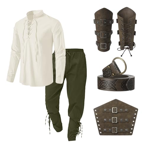 PINTUTU Wikinger Kostüm Mittelalter Kleidung Herren Set Herren Renaissance Kostüm Set mit Leinenhemd Herren Mittelalterliches Piratenhemd Mittelalter Hose mit Knöchelriemen Fun Halloween von PINTUTU