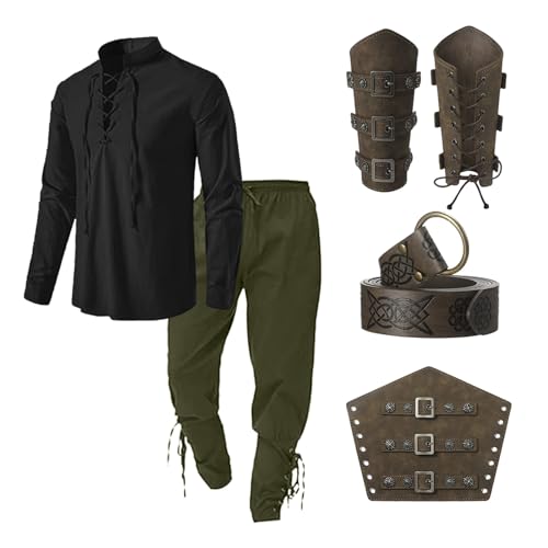 PINTUTU Wikinger Kostüm Mittelalter Kleidung Herren Set Herren Renaissance Kostüm Set mit Leinenhemd Herren Mittelalterliches Piratenhemd Mittelalter Hose mit Knöchelriemen Fun Halloween von PINTUTU