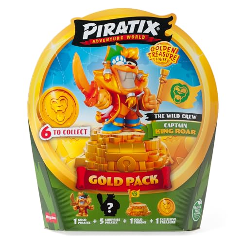 PIRATIX ADVENTURE WORLD Serie Golden Treasure - Gold Pack The Downtown Crew. Enthält 5 Piratix Überraschung, 1 exklusiver Schatz, 1 Exklusive Flagge, 1 Podium, 6 Zubehörteile und den goldenen Kapitän von PIRATIX ADVENTURE WORLD