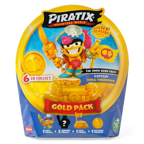 PIRATIX ADVENTURE WORLD Serie Golden Treasure - Gold Pack, The Champs Crew. Enthält 5 Überraschungspiratix, 1 exklusiver Schatz, 1 Flagge, 1 Podium, 6 Zubehörteile und den goldenen Kapitän King Hat von PIRATIX ADVENTURE WORLD