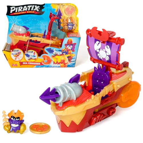 PIRATIX ADVENTURE WORLD Sea Crusher – Piratenschiff in Krabbenform, inklusive 1 Piratenschiff, 1 exklusiver Piratix, 1 exklusiver Schatz, 1 Zubehör, 1 Kanone und 1 Projektil von PIRATIX ADVENTURE WORLD