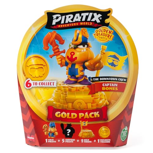 PIRATIX ADVENTURE WORLD Serie Golden Treasure – Gold Pack, The Rebels Crew. Enthält 5 Piratix Überraschung, 1 exklusiver Schatz, 1 Exklusive Flagge, 1 Podium, 6 Zubehörteile und Captain Golden Ollie von PIRATIX ADVENTURE WORLD