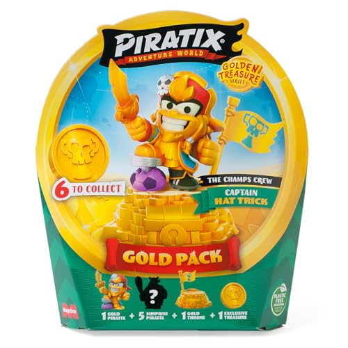 PIRATIX ADVENTURE WORLD Serie Golden Treasure – Gold Pack, The Wild Crew. Enthält 5 Piratix Überraschung, 1 exklusiver Schatz, 1 Exklusive Flagge, 1 Podium, 6 Zubehörteile und den Captain Golden King von PIRATIX ADVENTURE WORLD