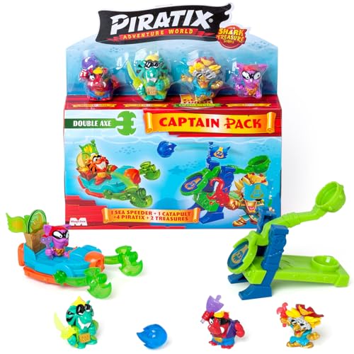 PIRATIX ADVENTURE WORLD Serie Shark Treasure, Captain Pack, Double Axe mit 4 Piratix, 1 Goldener Kapitän, 4 "Kristalle, Sea Speeder, Katapult, 2 Flaggen mit Kristalleffekt, 3/6 Stück von PIRATIX ADVENTURE WORLD