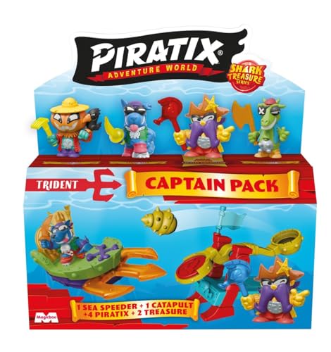 PIRATIX ADVENTURE WORLD Serie Shark Treasure, Captain Pack, Double Axe mit 4 Piratix, 1 Goldener Kapitän, 4 "Kristalle, Sea Speeder, Katapult, 2 Flaggen mit Kristalleffekt, 3/6 Stück von PIRATIX ADVENTURE WORLD