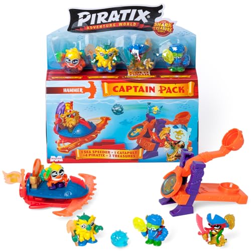 PIRATIX ADVENTURE WORLD Serie Shark Treasure, Captain Pack, Hammer. mit 4 Piratix, 1 Goldener Kapitän, 4 "Kristalle, Sea Speeder, Katapult, 2 Glaseffekt-Flaggen, 6/6 Stück von PIRATIX ADVENTURE WORLD