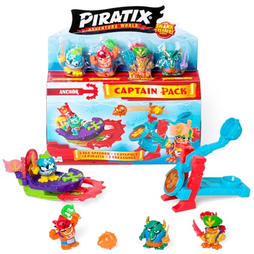 PIRATIX ADVENTURE WORLD Shark Treasure Serie, Captain Pack, Anchor mit 4 Piratix, 1 Goldener Kapitän, 4 "Kristalle, Sea Speeder, Katapult, 2 Kristalleffekt-Flaggen, Packung 5/6 von PIRATIX ADVENTURE WORLD