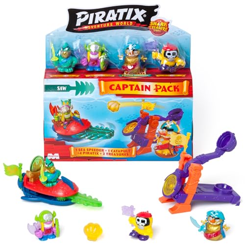 PIRATIX ADVENTURE WORLD Shark Treasure Serie, Captain Pack, Saw mit 4 Piratix, 1 Goldener Kapitän, 4 "Kristalle, Sea Speeder, Katapult, 2 Flaggen mit Kristalleffekt, 1/6 Stück von PIRATIX ADVENTURE WORLD