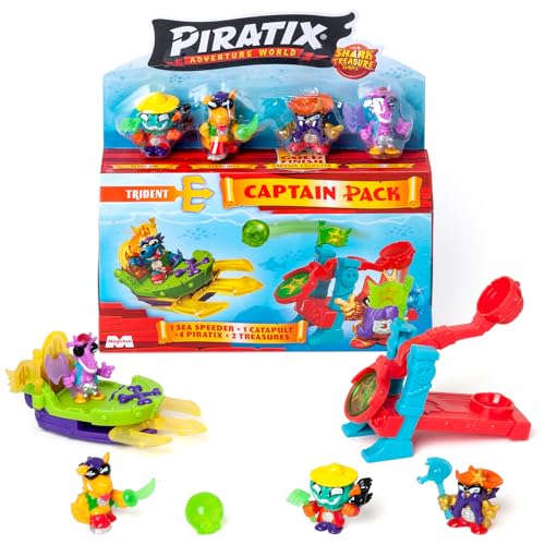 PIRATIX ADVENTURE WORLD Shark Treasure-Serie, Captain Pack, Trident mit 4 Piratix, 1 Goldener Kapitän, 4 "Kristalle, Sea Speeder, Katapult, 2 Flaggen mit Kristalleffekt, Packung mit 2/6 von PIRATIX ADVENTURE WORLD