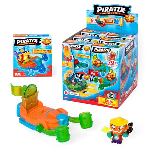 PIRATIX ADVENTURE WORLD Shark Treasure Serie, Display mit 12 Sea Speeder, Einsitzerschiff von Piratix, enthält Schiff Sea Speeder, Pyratix Überraschung, Glaszubehör, Schatz mit Glaseffekt von PIRATIX ADVENTURE WORLD