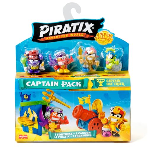 PIRATIX Golden Treasure Series - Captain Pack Deep Water.Enthält 4 Piratix;1 Goldener Kapitän und 1 Überraschungspiratix;4 Zubehör;1 Festung;1 Kanone, 2 Exklusive Schätze und 2 Flaggen.Pack 4 von 6 von PIRATIX ADVENTURE WORLD