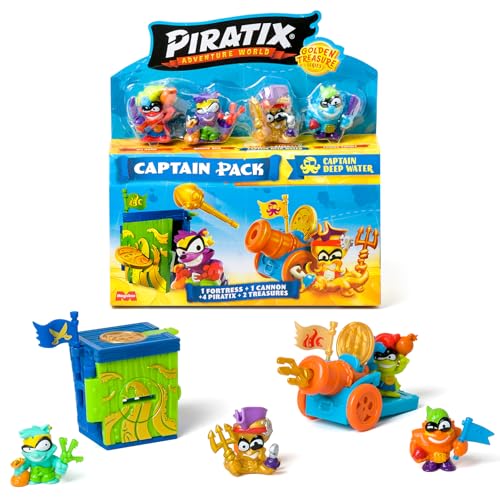 PIRATIX Golden Treasure Series - Captain Pack Deep Water.Enthält 4 Piratix;1 Goldener Kapitän und 1 Überraschungspiratix;4 Zubehör;1 Festung;1 Kanone, 2 Exklusive Schätze und 2 Flaggen.Pack 4 von 6 von PIRATIX ADVENTURE WORLD