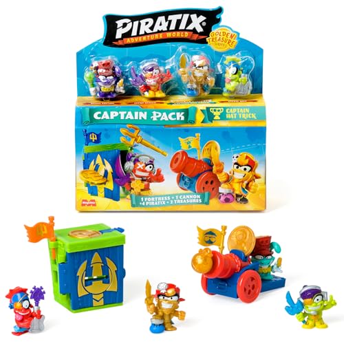 PIRATIX Golden Treasure Series - Captain Pack Hat Trick Enthält 4 Piratix; 1 Goldener Kapitän und 1 Überraschungspiratix, 4 Zubehörteile, 1 Festung, 1 Kanone, 2 Exklusive Schätze und 2 Flaggen.Pack 1 von PIRATIX ADVENTURE WORLD