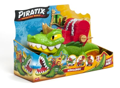 PIRATIX King Croc - Gelenkiges Krokodil zum Fangen von Piratix und Schatztruhe - Enthält 1 Krokodil, 1 exklusiver Schatz, 2 extra goldene Schätze, 1 exklusiver Piratix und 1 Zubehör von PIRATIX ADVENTURE WORLD