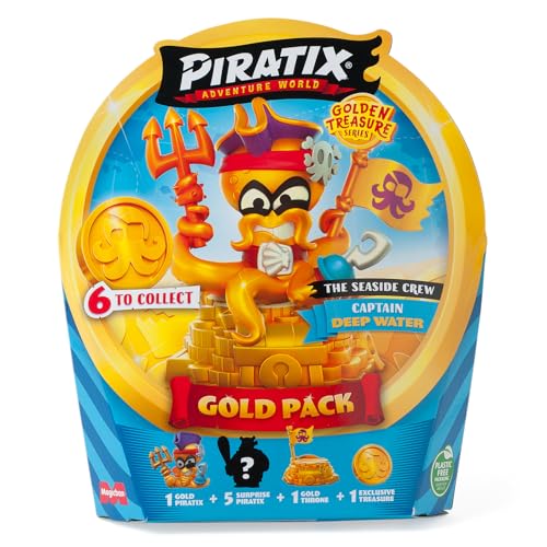 PIRATIX Golden Treasure Serie – Gold Pack The Seaside Crew. Enthält 5 Piratix Überraschung, 1 exklusiver Schatz, 1 Exklusive Flagge, 1 Podium, 6 Zubehörteile und den goldenen Captain Deep Water von PIRATIX ADVENTURE WORLD