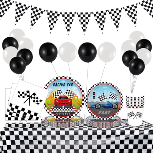 PIUMOJ Auto Partygeschirr Set, Rennwagen Party Geschirr, Rennen Partyzubehör für Jungen, Pappteller, Servietten, Tischdecke, Pappbecher, Racing Car Party Supplies, Party Dekoration für 8 Gäst von PIUMOJ