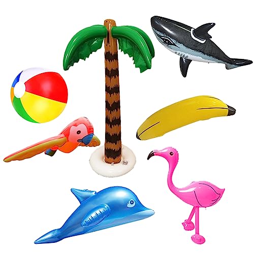 PIUMOJ Aufblasbare Palmen Spielzeug Set, Aufblasbare Palmen Aufblasbar Flamingos Papagei Banane Strand Bälle Spielzeug für Sommer Schwimmbad Hawaii Deko Themenparty, 7 Stück von PIUMOJ