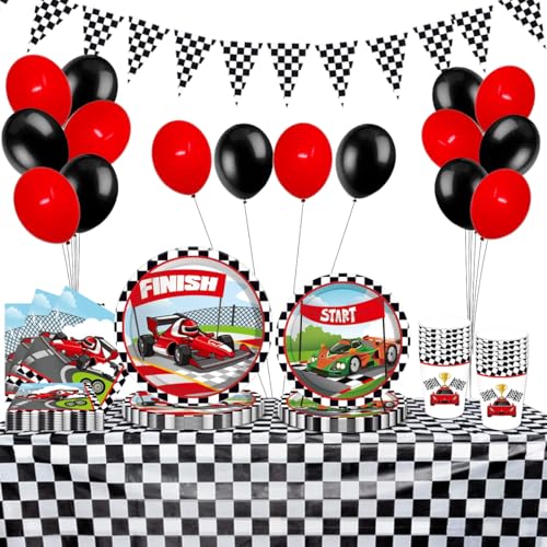 PIUMOJ Auto Partygeschirr Set, Rennwagen Party Geschirr, Rennen Partyzubehör für Jungen, Pappteller, Servietten, Tischdecke, Pappbecher, Racing Car Party Supplies, Partydekoration für 8 Gäst von PIUMOJ