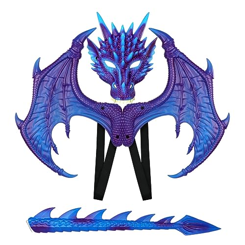 PIUMOJ Drachenflügel Kostüm Set für Kinder, Drachen Kostüm Kinder, Drachenflügel Schwanz Masken Set, Halloween Kostüm Dragon Set für Jungen Mädchen Karneval Maskerade Cosplay (Blau) von PIUMOJ