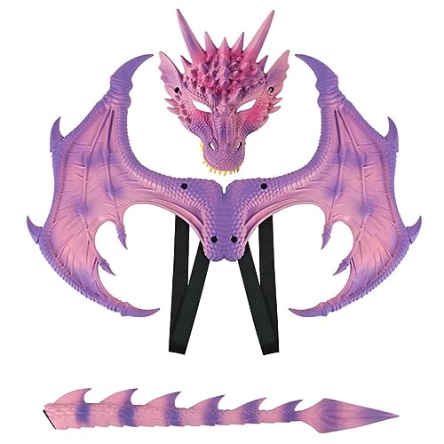 PIUMOJ Drachenflügel Kostüm Set für Kinder, Drachen Kostüm Kinder, Drachenflügel Schwanz Masken Set, Halloween Kostüm Dragon Set für Jungen Mädchen Karneval Maskerade Cosplay (Rosa) von PIUMOJ