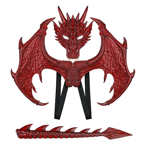 PIUMOJ Drachenflügel Kostüm Set für Kinder, Drachen Kostüm Kinder, Drachenflügel Schwanz Masken Set, Halloween Kostüm Dragon Set für Jungen Mädchen Karneval Maskerade Cosplay von PIUMOJ