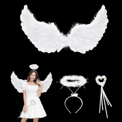 PIUMOJ Engel Flügel Kostüm, Halloween Kostüm Engel Mädchen, Engel Kostüm Set mit Heiligenschein Engelsstab und Federn Flügel, Engel Flügel Weiß für Halloween Karneval Cosplay, 3 Stücke von PIUMOJ