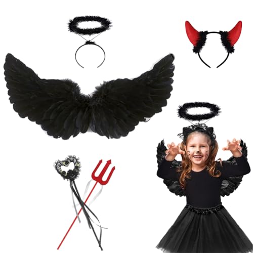 PIUMOJ Engels Flügel Mit Heiligenschein und Zauberstab, Federflügel Engel, Schwarz Flügel, Engel Flügel Kinder, Teufel kostüm für Halloween Karneval Cosplay Party Cosplay, 5 Stücke von PIUMOJ