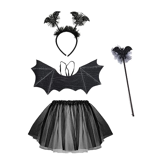 PIUMOJ Fledermaus Kostüm Kinder, Fledermaus Kostüm Set für Mädchen mit Haareif, Tutu Rock, Flügel und Zauberstab, Fledermaus Kostüm für Halloween Karneval Cosplay Party, Schwarze von PIUMOJ