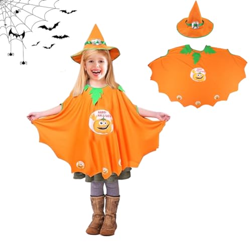 PIUMOJ Fledermaus Umhang Kostüm, Halloween Kostüm Kinder, Fledermaus Cape Kinder mit Hut, Kürbis Umhang Kostüm Cosplay für Halloween Fasching Karneval Party, Orange von PIUMOJ